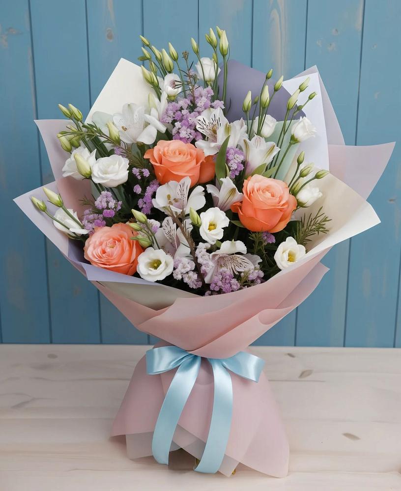 Букет цветов из: Лизиантусы, Розы, Альстромерии и Гипсофила в Тоншалово