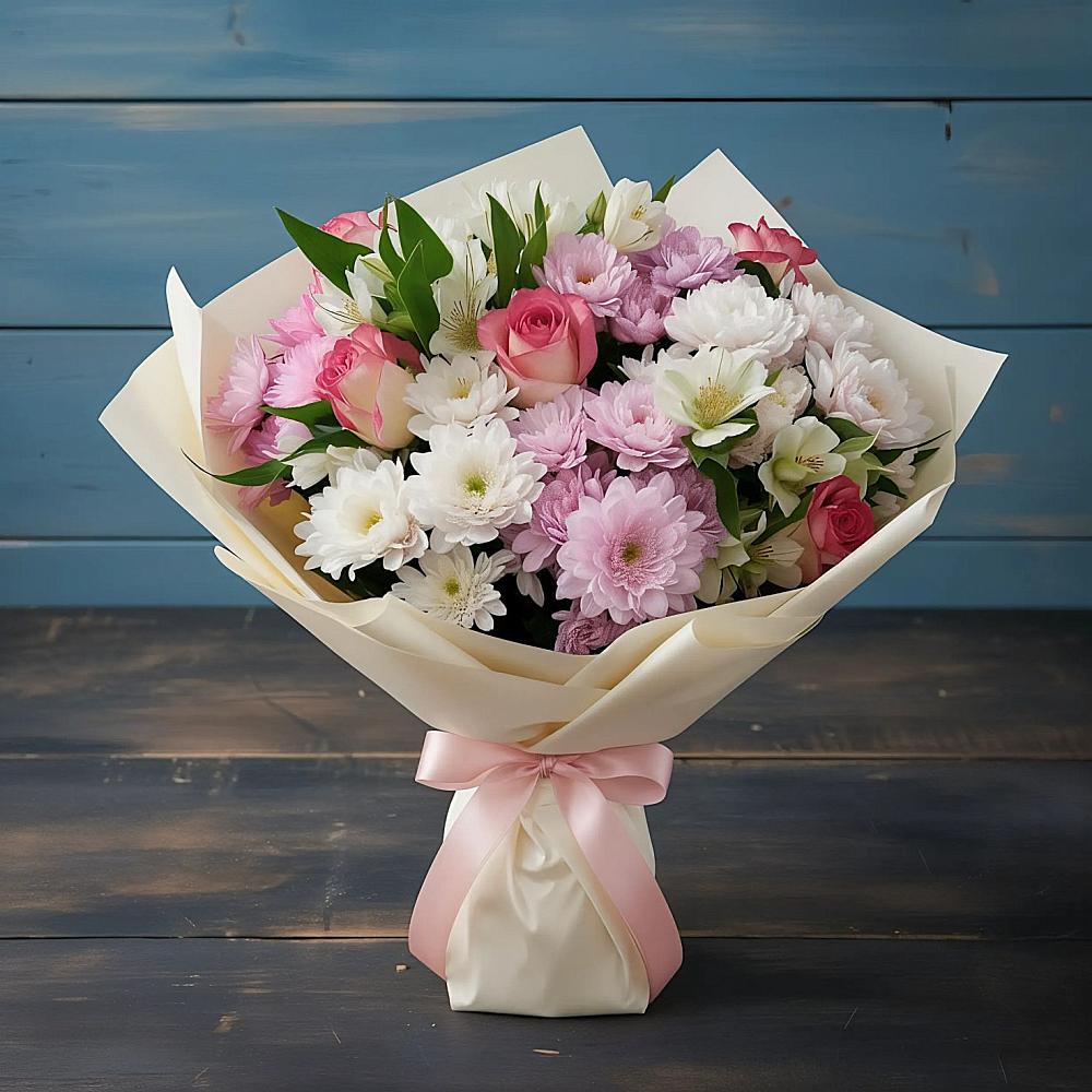 Букет цветов из: Хризантемы, Альстромерии и Розы в Тоншалово